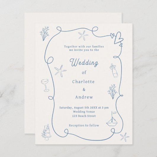 Papier Hand drawn coastal blue ivory wedding invitation (Devant / Derrière)