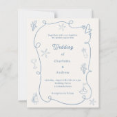 Papier Hand drawn coastal blue ivory wedding invitation (Devant)