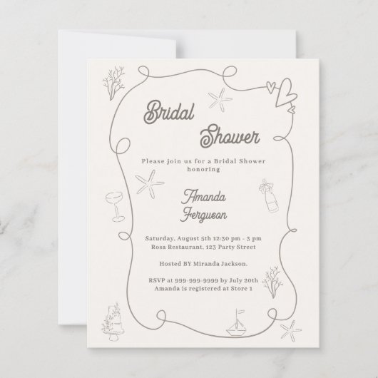 Papier Hand drawn coastal sand Bridal Shower invitation (Devant)