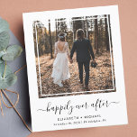 Papier Happily Ever After Photo Wedding Reception Invite<br><div class="desc">Un hébergement simple et chic ou une petite réception de mariage ou de fête de faire-part mariages. L'avant présente votre photo dans un cadre carré découpé, "heureux toujours après" dans un script tendance avec des swashes et vos prénoms et la date et l'emplacement mariage dans la typographie moderne. Au contraire,...</div>