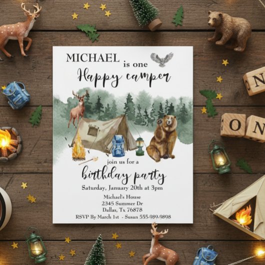 Papier Happy Camper Anniversaire Forêt Ours Invitation