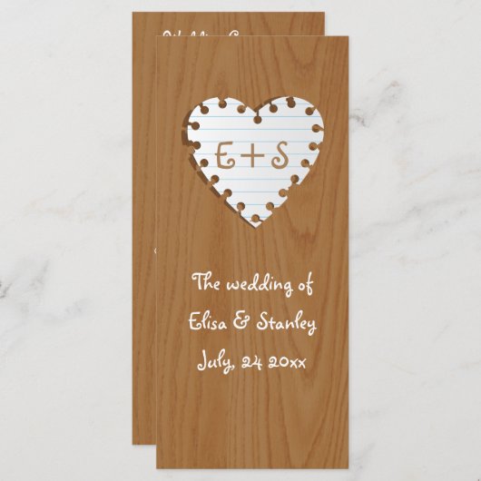 Papier hart op hout bruiloft programma (Voorkant / Achterkant)