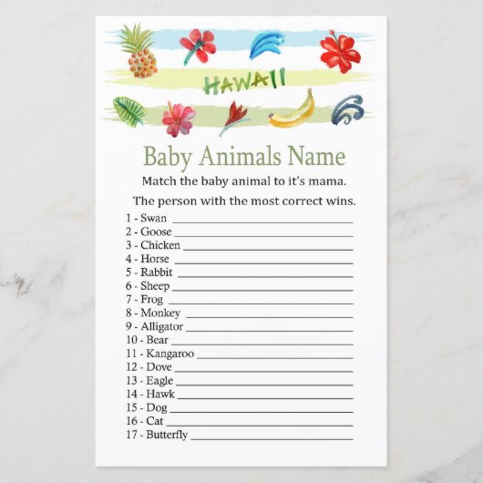 Papier Hawaii Baby Animaux Nom Jeu (Devant)