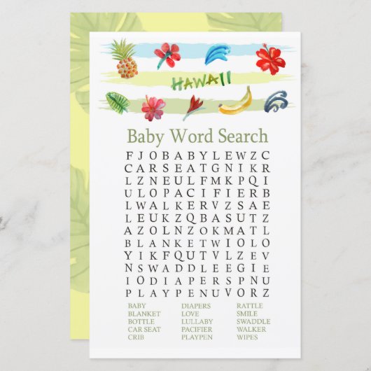 Papier Hawaii Baby shower Mot de recherche Jeu (Devant / Derrière)