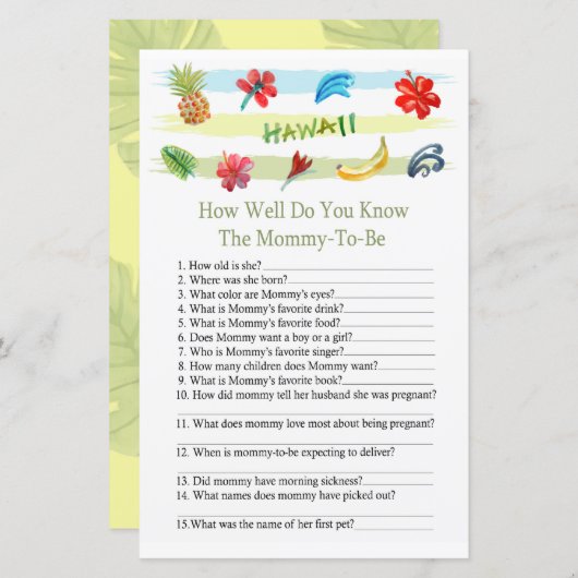 Papier Hawaii Comment bien connaissez-vous le jeu de baby (Devant / Derrière)