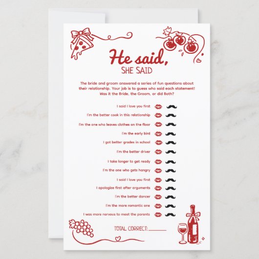 Papier He Said She Said Amore Wedding Party Activity Card (Devant)