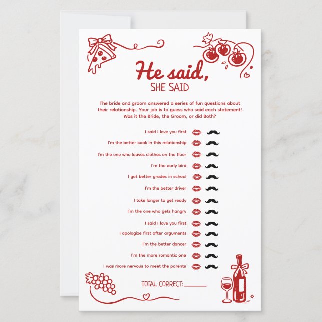 Papier He Said She Said Amore Wedding Party Activity Card (Devant)