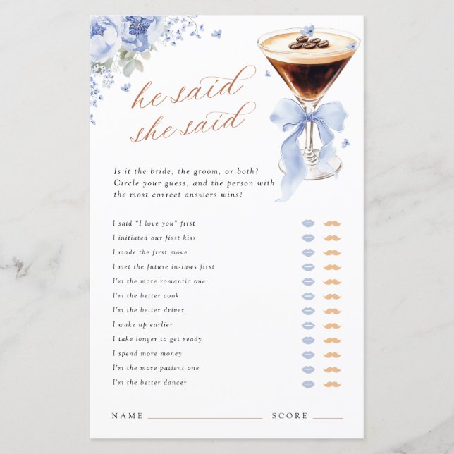 Papier He Said She Said Blue Bow Bridal Shower Game (Devant)