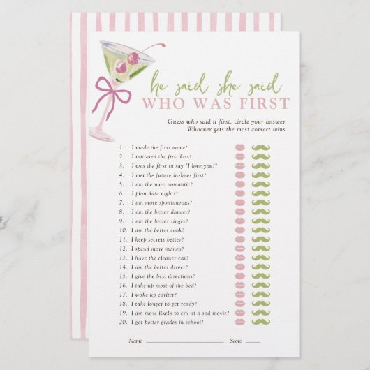 Papier He Said She Said Chic Martini Bridal Game (Devant / Derrière)