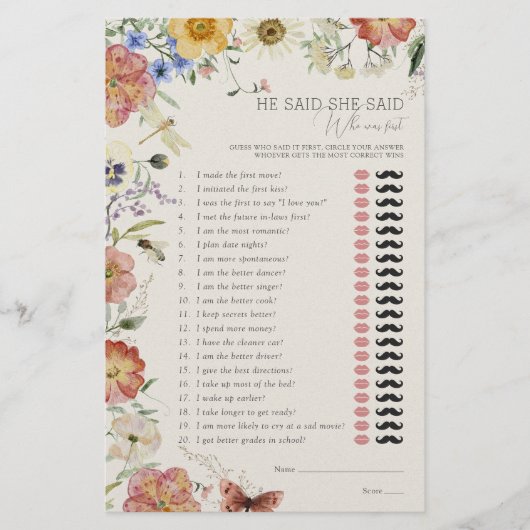 Papier He Said She Said Pressed Wildflower Shower Game (Devant)