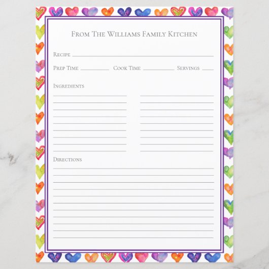 Papier Hearts Rainbow White Recipe Paper Sheet (Devant)