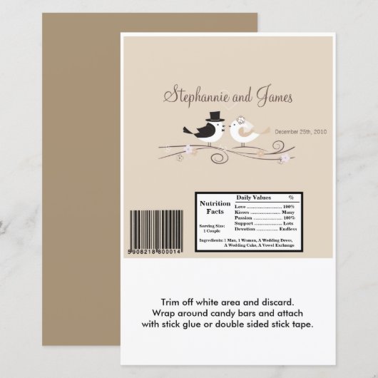 Papier Hershey's Large Bar Wrapper Mariage Birds Bride (Devant / Derrière)