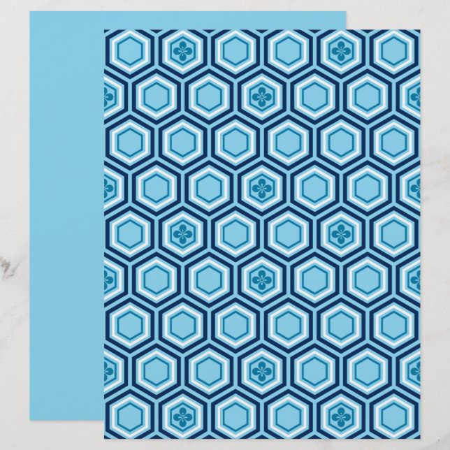 Papier Hexagonal Kimono Imprimer, Marine et Bleu clair (Devant / Derrière)