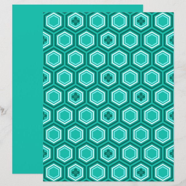Papier Hexagonal Kimono Imprimer, Turquoise, Aqua et Blan (Devant / Derrière)