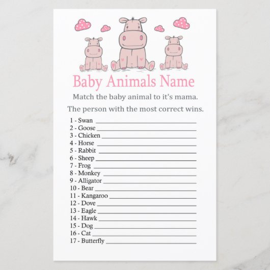 Papier Hippo rose Bébé Animaux Nom Jeu (Devant)