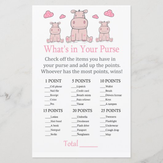 Papier Hippo rose Qu'y a-t-il dans votre sac à main (Devant)