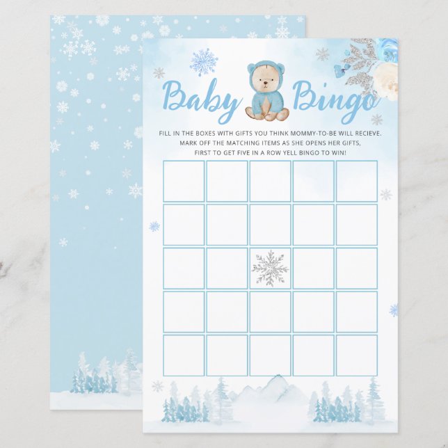 Papier Hiver Bleu Aquarelle Bingo Baby shower Jeu (Devant / Derrière)