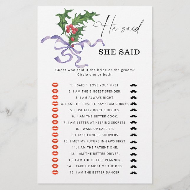 Papier Hiver Il dit qu'elle a dit jeu de douche nuptiale (Devant)