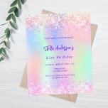 Papier Holographie rose 21e anniversaire invitation budgé<br><div class="desc">Une invitation à la fête du 21e anniversaire féminine et féminine. Devant : Un arc-en-ciel, arrière - plan de couleur holographique en violet, rose, vert menthe. Décoré de mousseux roses rousses. Personnalisez et ajoutez un nom et des détails du parti. Le nom est écrit avec un script de style écrit...</div>