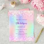 Papier Holographie rose violet Sweet 16 invitation budget<br><div class="desc">Une invitation à 16 soirées pour filles et femmes Sweet. Devant : Un arc-en-ciel, arrière - plan de couleur holographique en violet, rose, vert menthe. Décoré de confettis rose vif. Personnalisez et ajoutez un nom et des détails du parti. Le nom est écrit avec un script de style écrit à...</div>