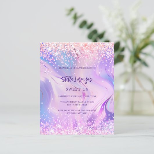 Papier Holographie rose violet Sweet 16 invitation budget (Debout devant)