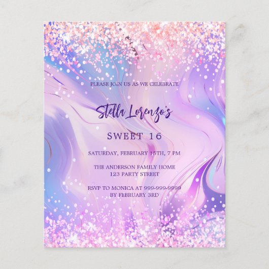 Papier Holographie rose violet Sweet 16 invitation budget (Devant)