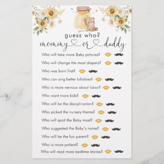 Papier Honey Bear Baby shower "Devinez Qui" Jeu (Devant)