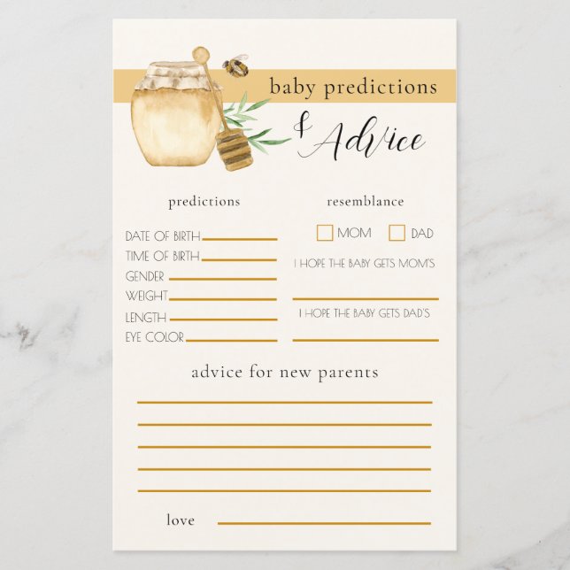 Papier Honey Bee Baby Shower Prediction Game (Devant)