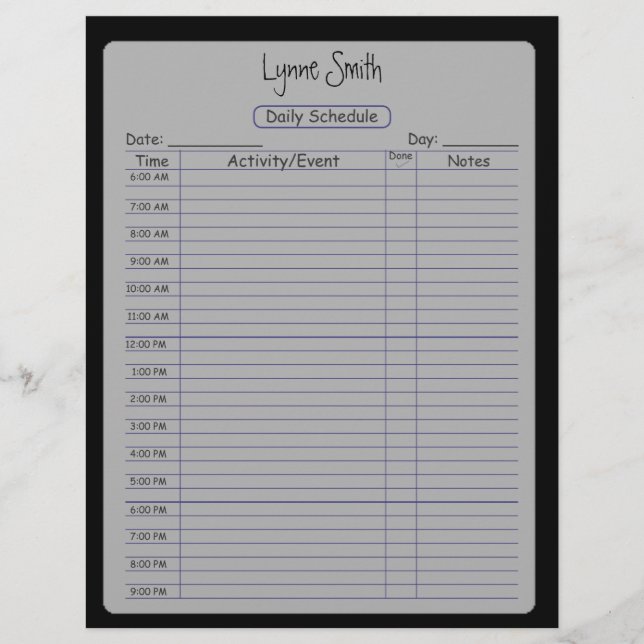 Papier Horaire Quotidien Simple Noir (Devant)