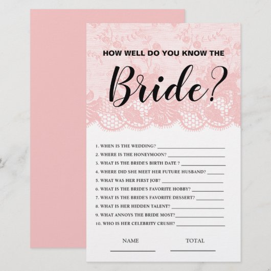 Papier How well know the Bride Pink Lace Bridal Game (Devant / Derrière)