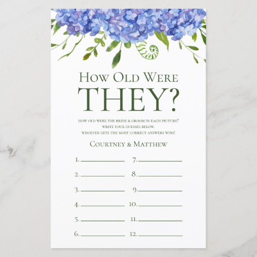 Papier Hydrangeas Bleus Quel âge avaient-ils ? Jeu de dou (Devant)