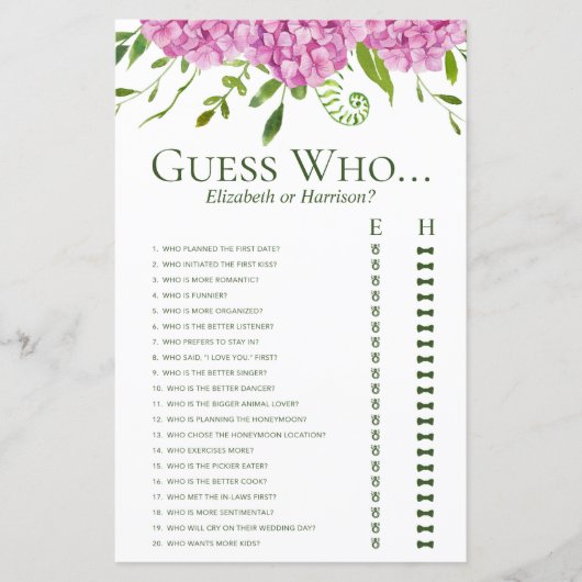 Papier Hydrangeas Roses Devinez Qui Douche de Jeu (Devant)