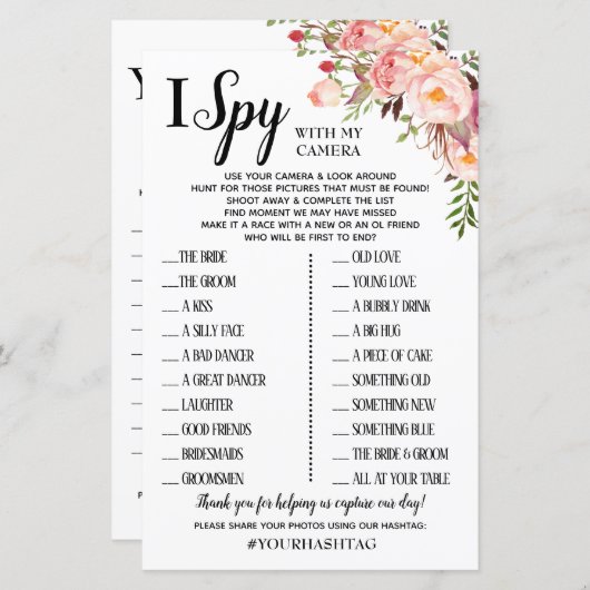 Papier I Spy mariage réception jeu anglais espagnol (Devant / Derrière)