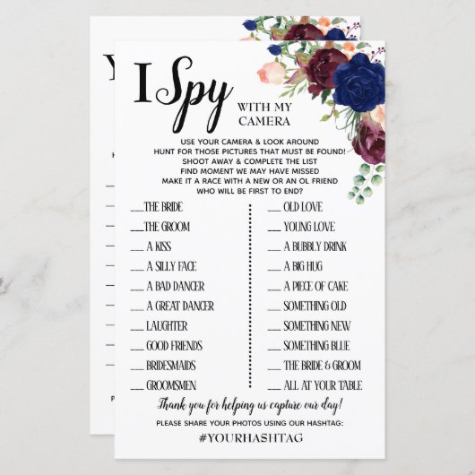 Papier I Spy mariage réception jeu anglais espagnol (Devant / Derrière)