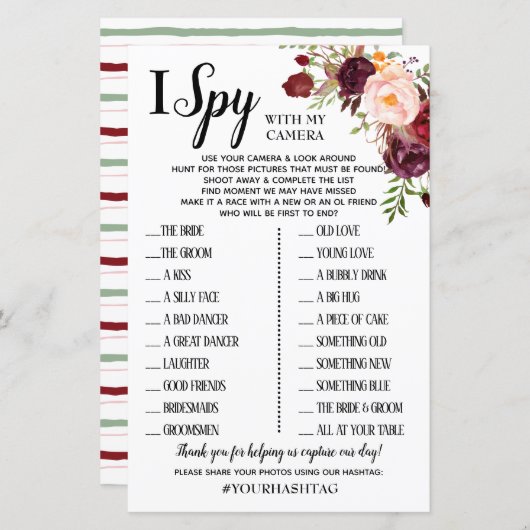 Papier I Spy Marsala Fleurs de mariage réception jeu (Devant / Derrière)