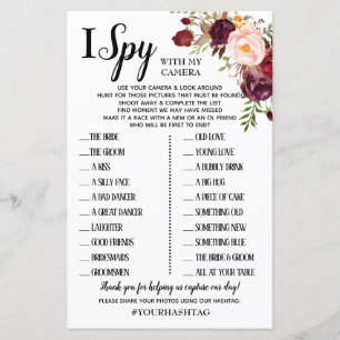 Papier I Spy Marsala Fleurs de mariage réception jeu