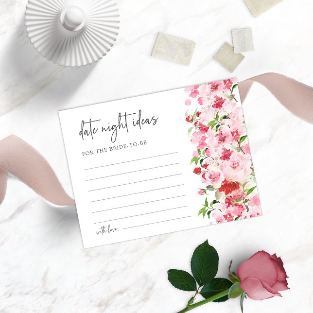 Papier Idées de la nuit des dates florales (Watercolor Red and Pink Floral Date Night Ideas Card for Bridal Showers)