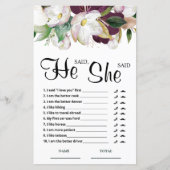 Papier Il a dit qu'elle a dit Burgundy Floral Bridal Game (Devant)