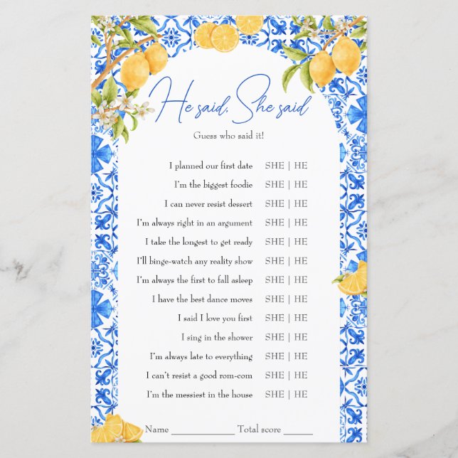Papier Il A Dit Qu'Elle A Dit Fête des mariées Game Lemon (Devant)