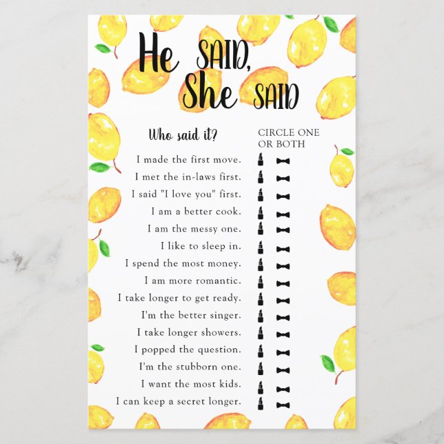 Papier Il A Dit Qu'Elle A Dit Fête des mariées Game Lemon (Devant)