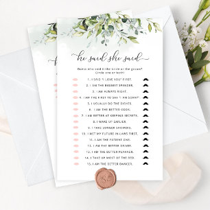 Papier Il a dit qu'elle a dit jeu de douche nuptiale