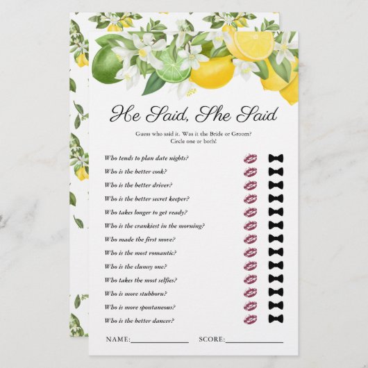 Papier Il A Dit Qu'Elle A Dit Lemon Green Fête des mariée (Devant / Derrière)