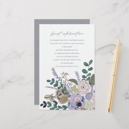Papier Informations pour les invités fleurs gris et lavan (Devant/Arrière en situation)