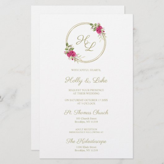 Papier Initiales botaniques roses Élégant Mariage de cour (Devant / Derrière)