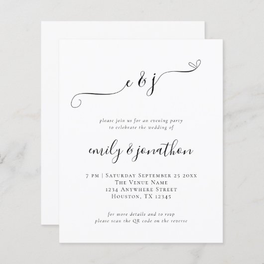 Papier Initiales budgétaires Script QR Mariage Soirée Inv (Devant / Derrière)