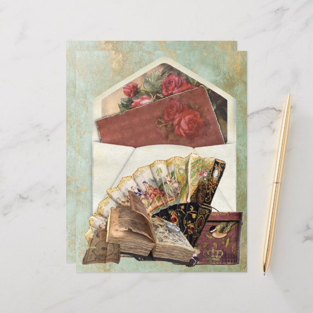 Papier Insérer éventail dans une enveloppe ancienne, boît (Devant/Arrière en situation)