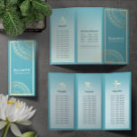 Papier Instructeur de méditation Yoga Gold Mandala Tri-Fo<br><div class="desc">Studio Fitness Yoga / Méditation Instructeur / Personal Trainer / Life Coach / Healer / Reiki Master / Massage Thérapie Brochures Tri-Fold Modèle - Moderne Chic Faux Gold Foil Symboles Mandala Floral sur Crystal Blue / Turquoise Vert Couleur Arrière - plan.</div>