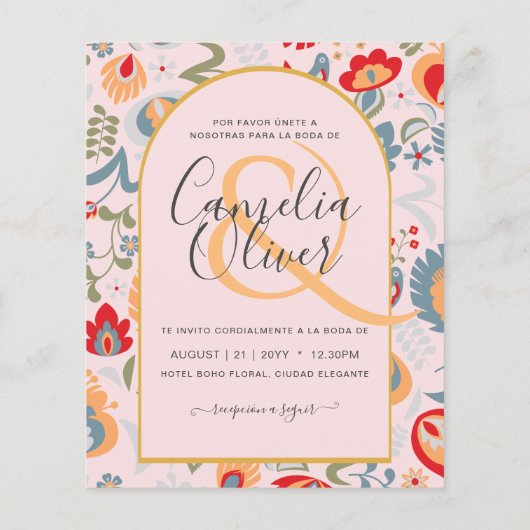 Papier invitación bilingüe de boda de flores populaire, (Dos)