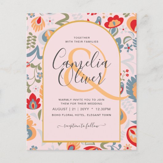 Papier invitación bilingüe de boda de flores populaire, (Devant)