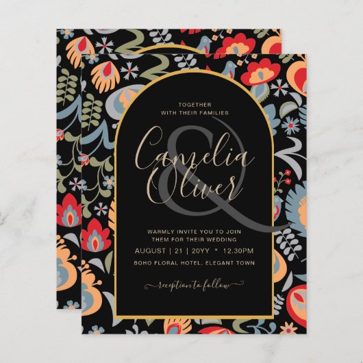 Papier invitación bilingüe de boda de flores populaire, (Devant / Derrière)